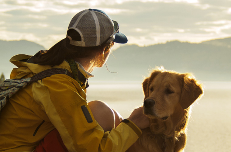 a woman and her dog traveling