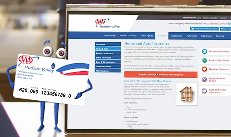 AAA card character standing next to tablet with AAA site up